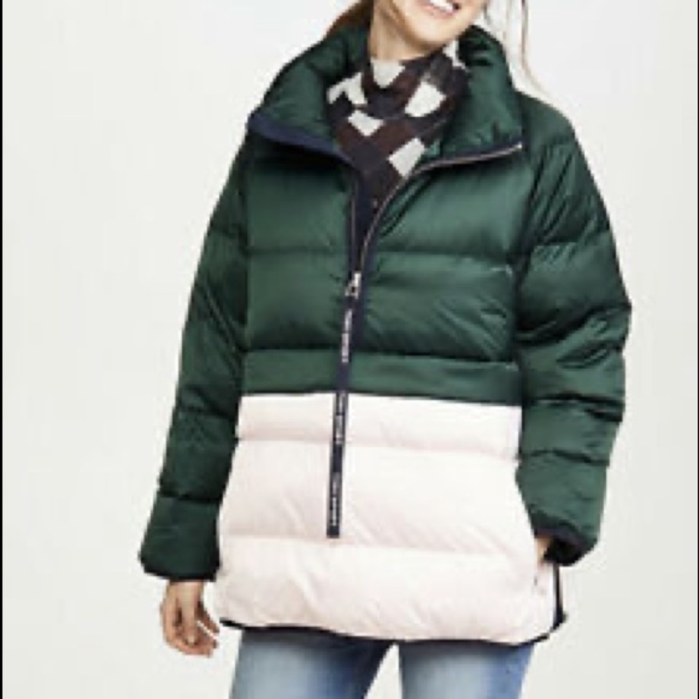 Tory Burch Down Satin Pullover. Size Large. Color: Conifer/ Cotton Pink